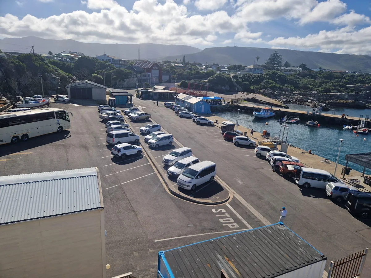 Parking at Hermanus New Harbour for whale watching trips in Hermanus, South Africa