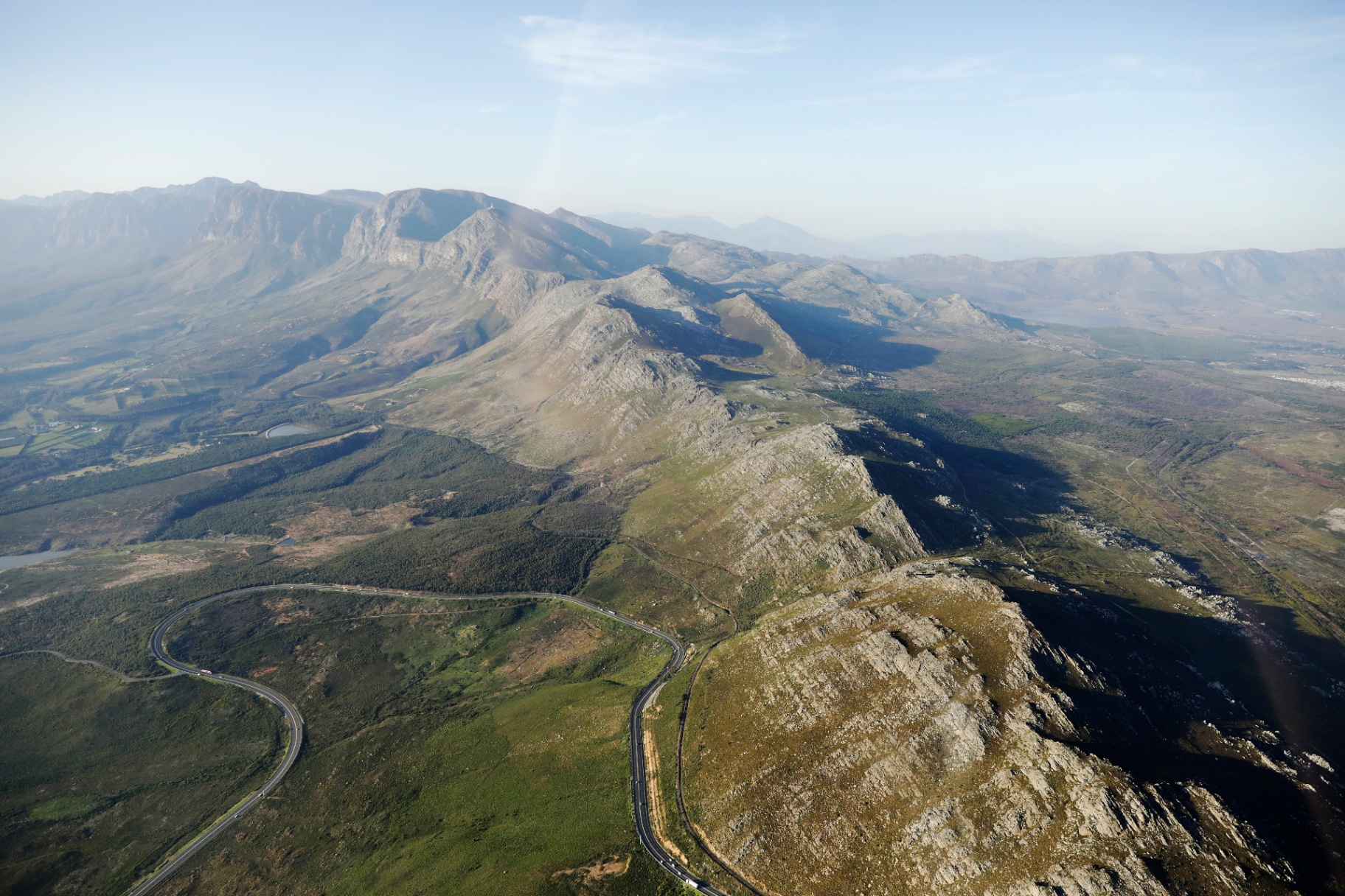Aerial view of the Overberg mountains from a Hermanus helicopter