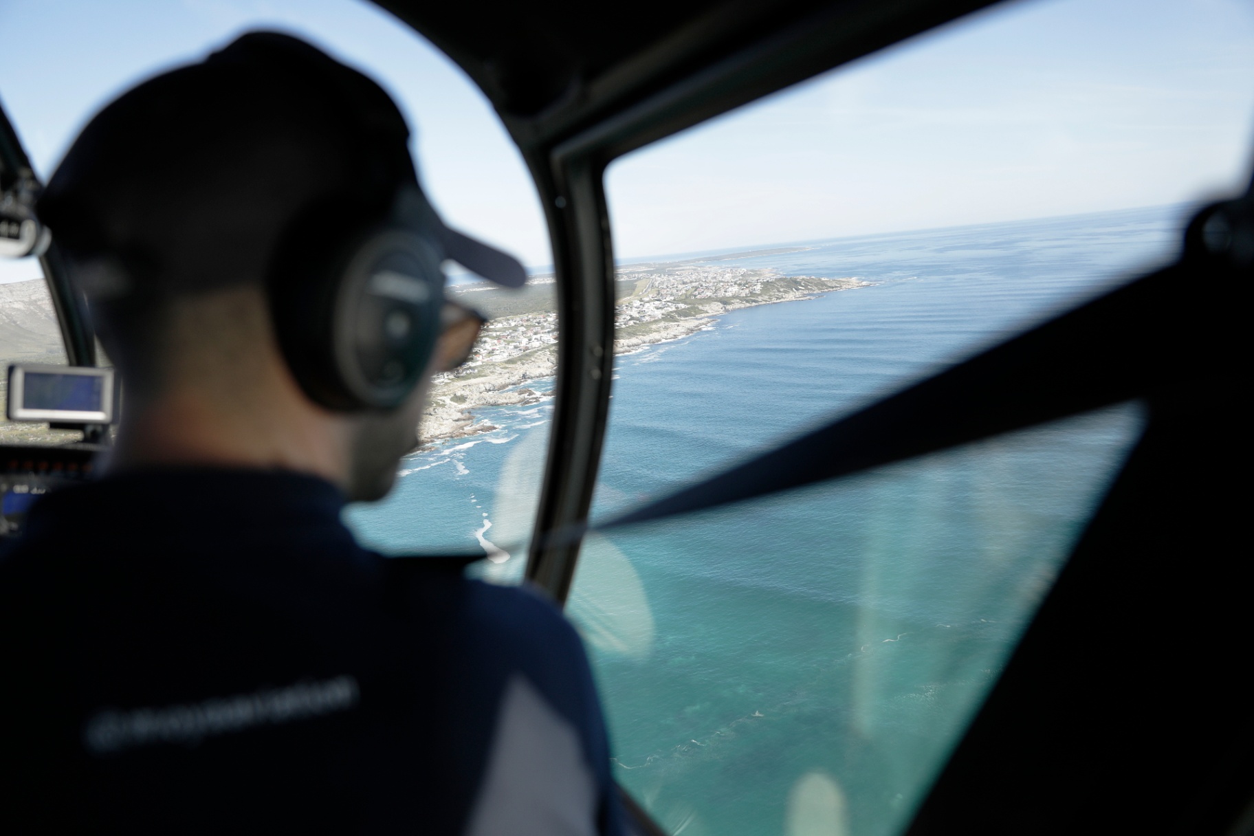 Aerial view of the Hermanus coastline from a helicopter en route to Kostelijk